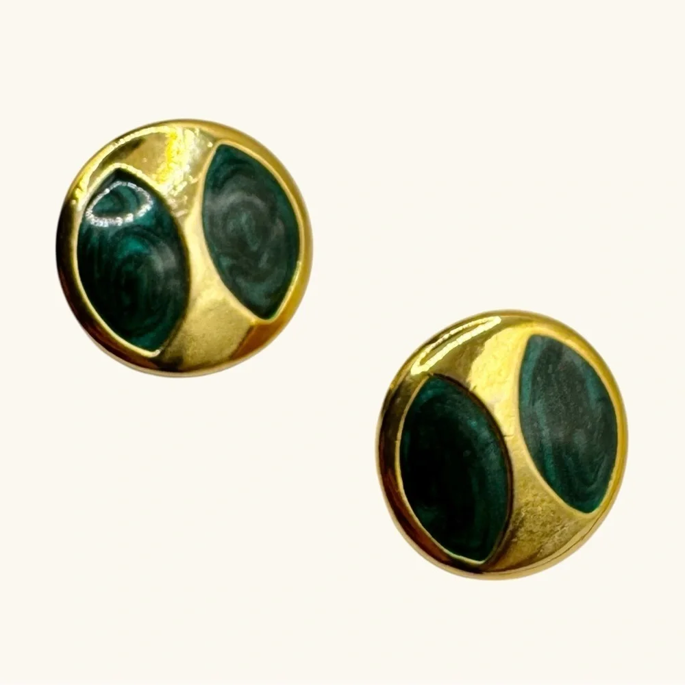 Vintage Green Enamel Gold Tone Round Stud Earrings | Retro Modern